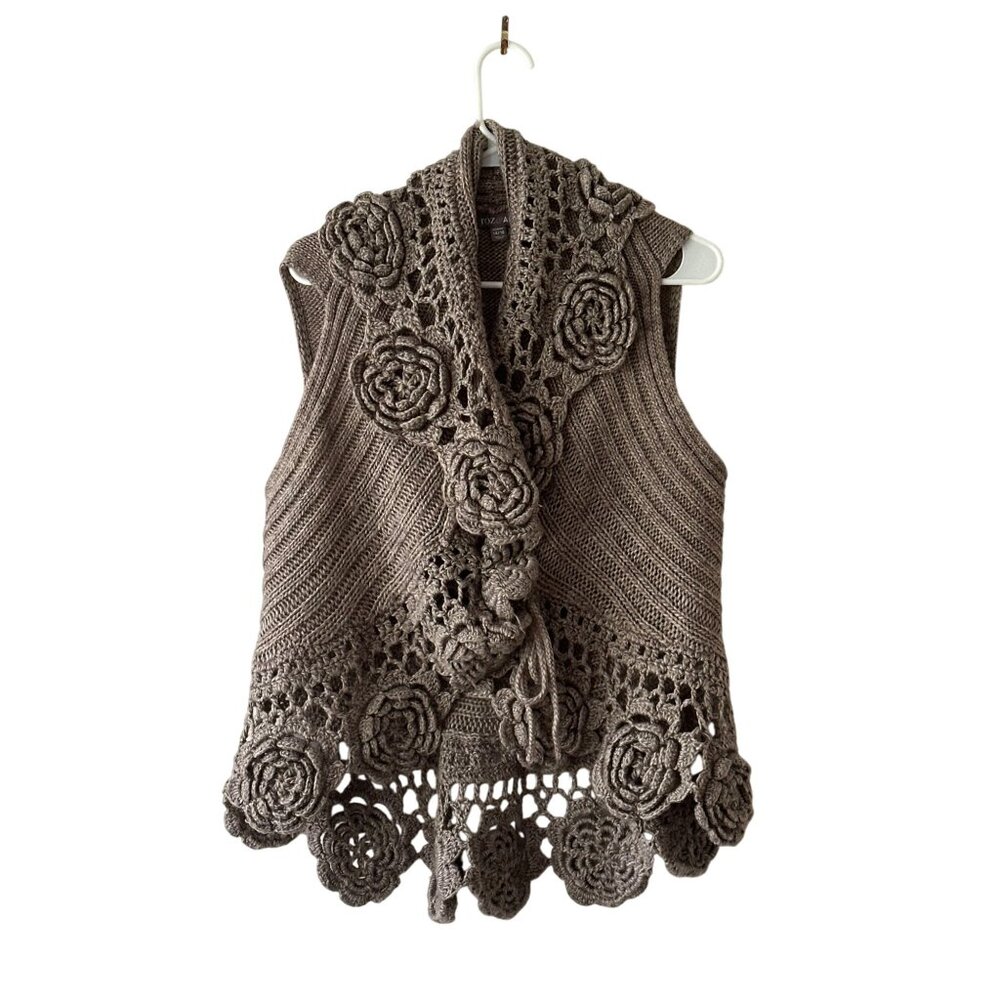 Roz & Ali Womens Crochet Knit Floral Vest 14/16 Wool Blend Sleeveless Open Front